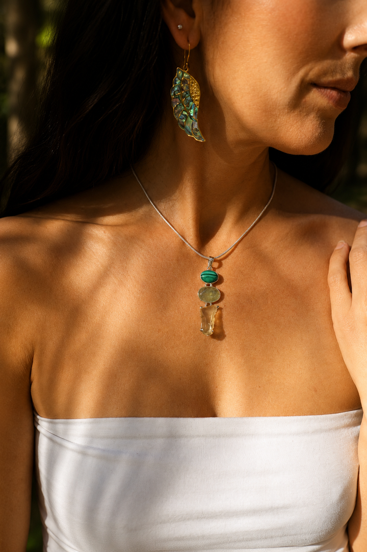 Libyan Desert Glass, Malachite & Prehnite Silver Pendant