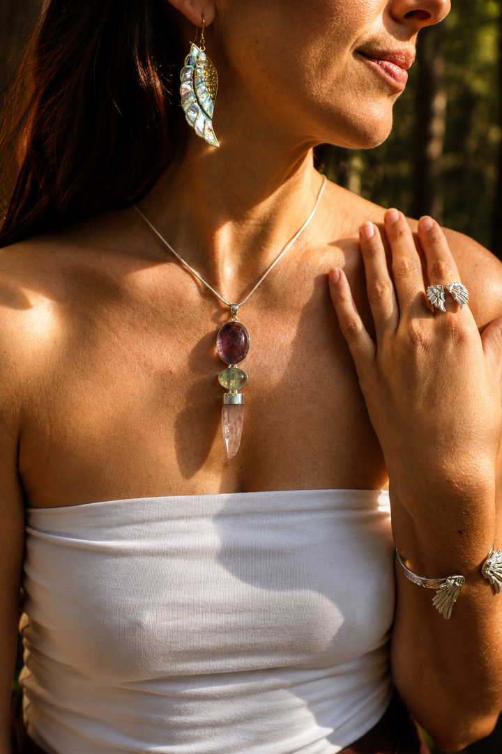 Vera Cruz Amethyst, Prehnite & Rainbow Fluorite Silver Pendant