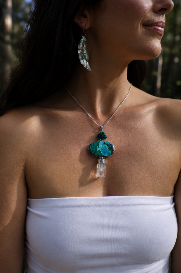 Dioptase, Chyrsocolla, Malachite & Aquamarine Silver Pendant
