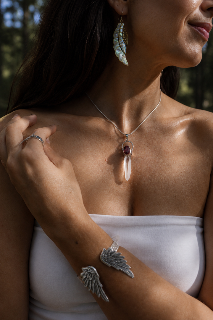 Lemurian Quartz with Ruby Silver Pendant - The Light Keepers Wand
