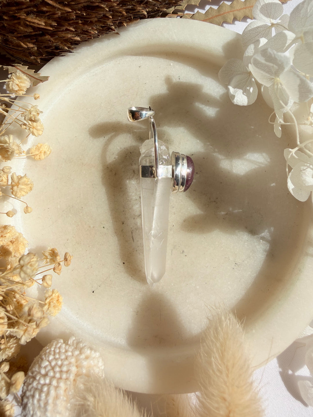Lemurian Quartz with Ruby Silver Pendant - The Light Keepers Wand