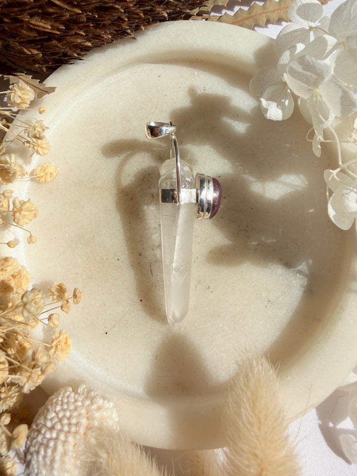 Lemurian Quartz with Ruby Silver Pendant - The Light Keepers Wand