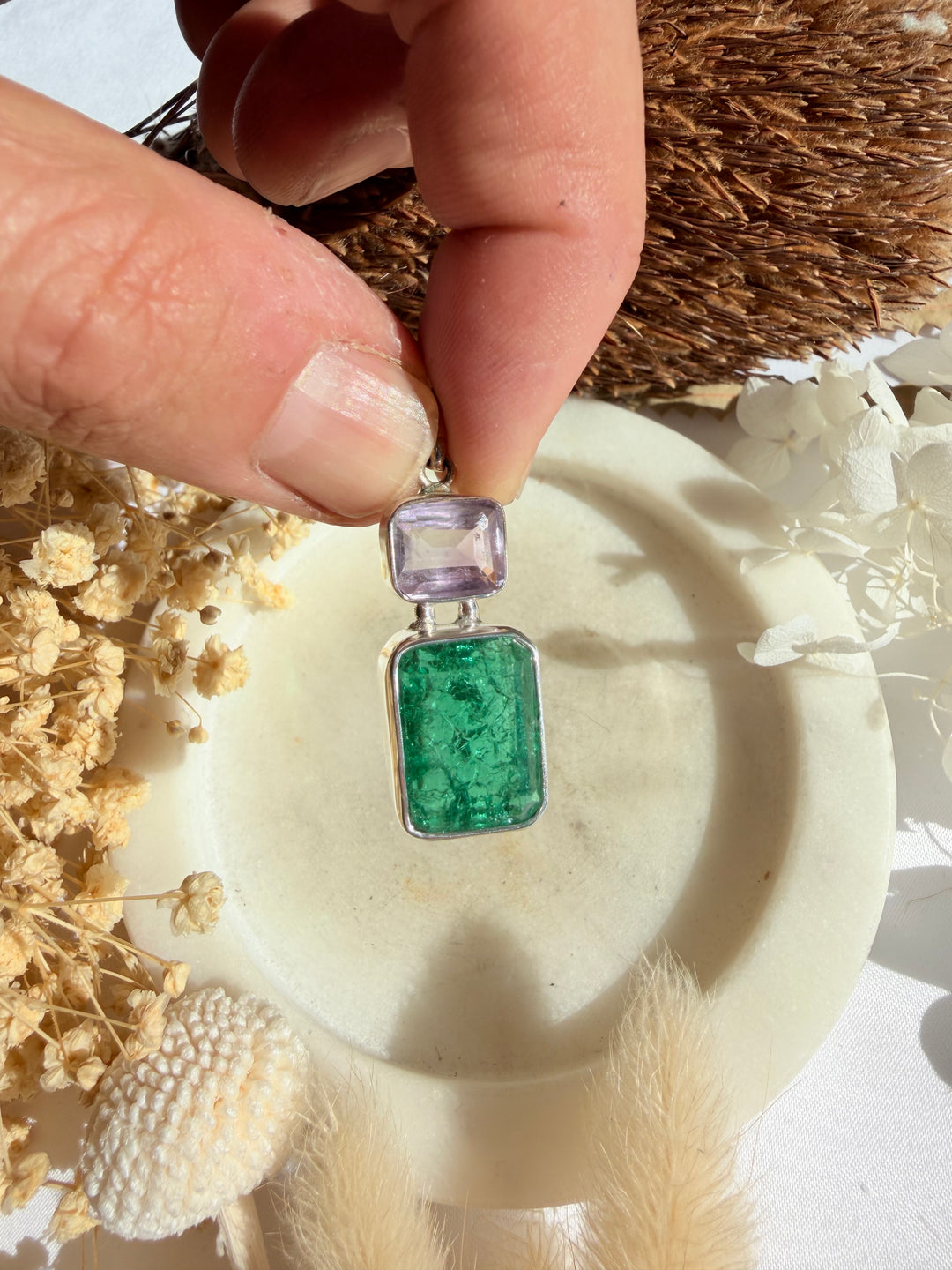 Emerald & Amethyst Silver Pendant