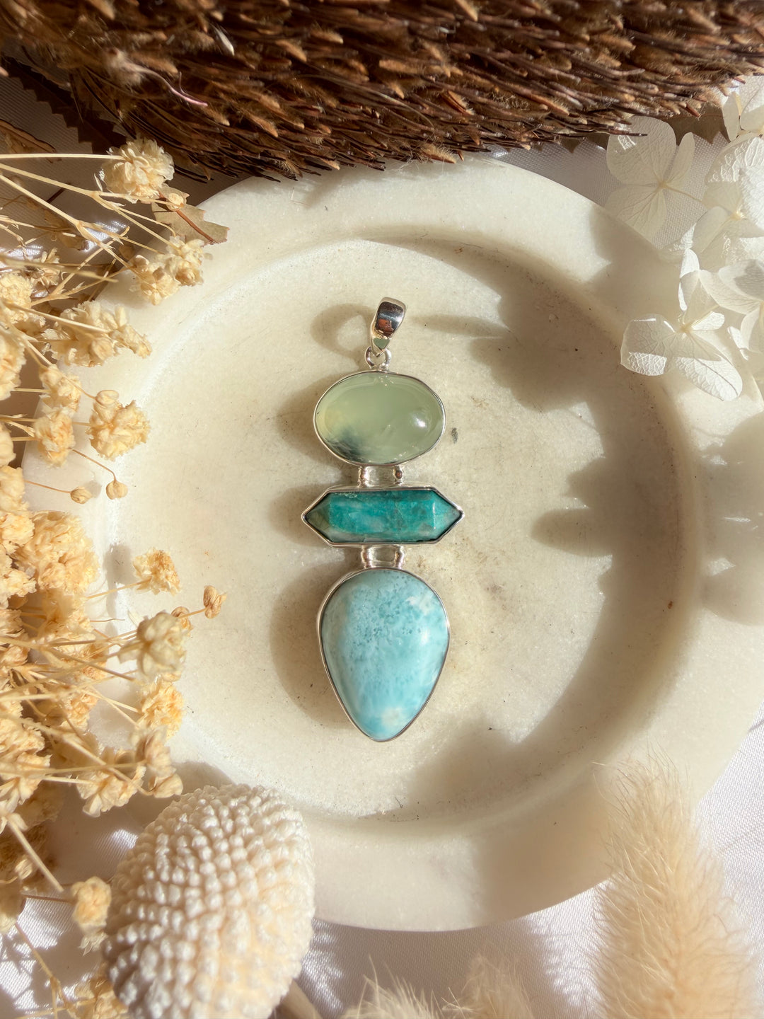 Larimar, Amazonite & Prehnite Silver Pendant
