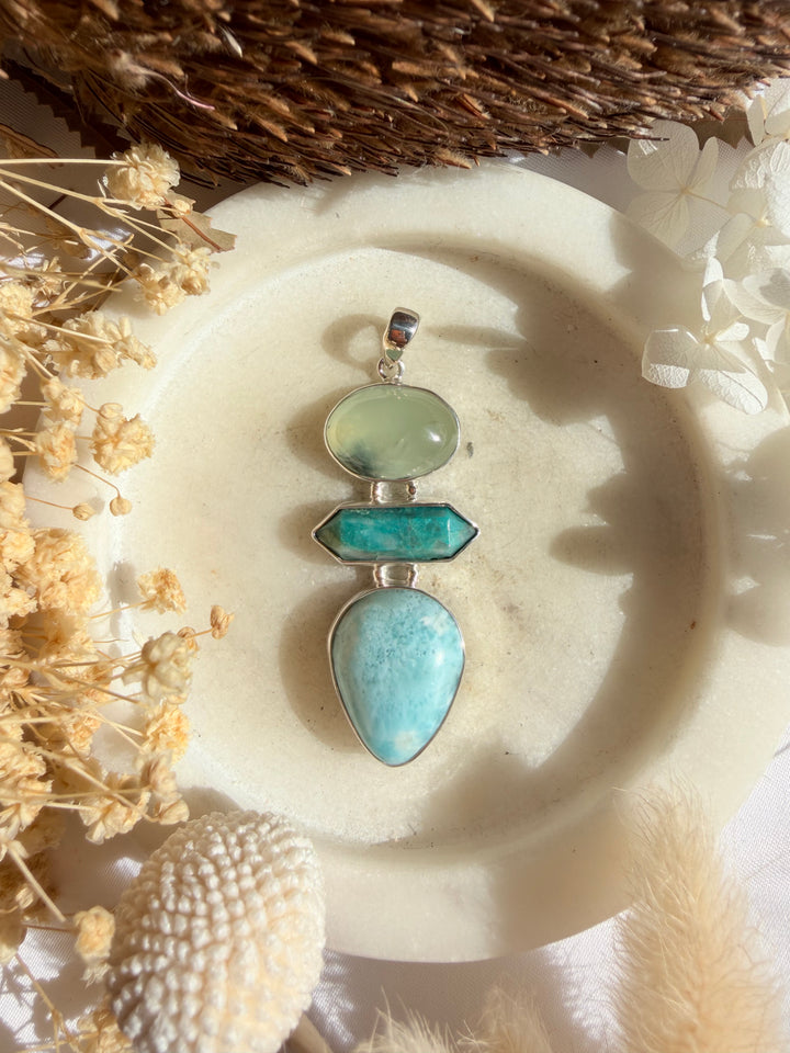 Larimar, Amazonite & Prehnite Silver Pendant