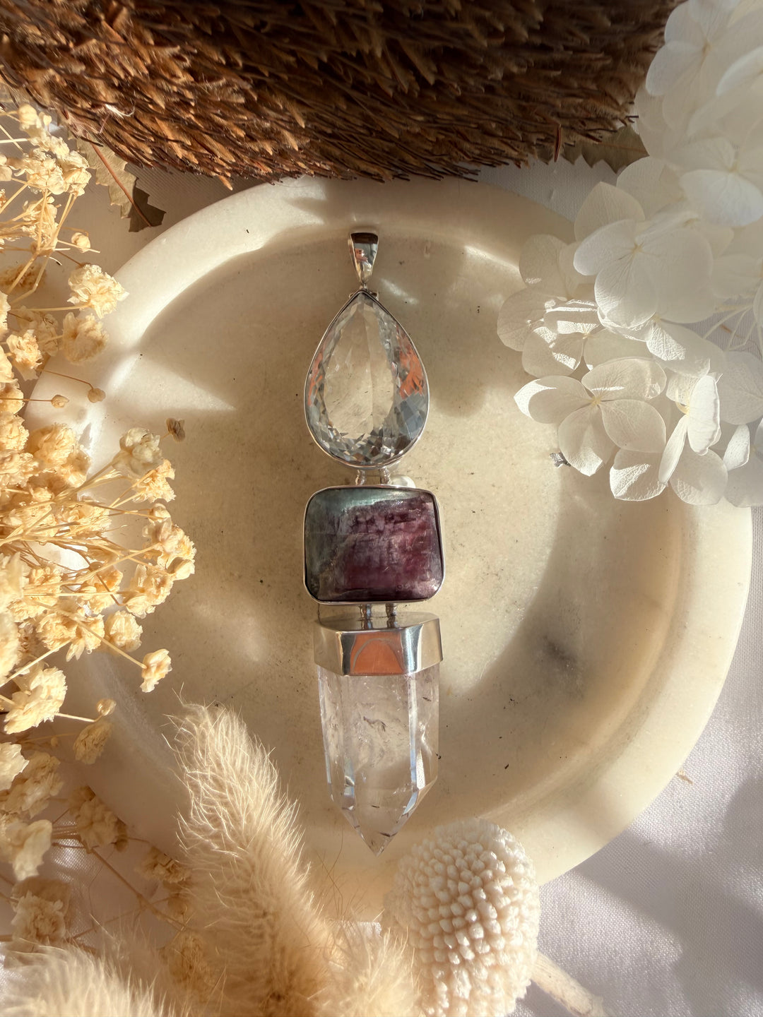 Clear Quartz & Watermelon Tourmaline Silver Pendant