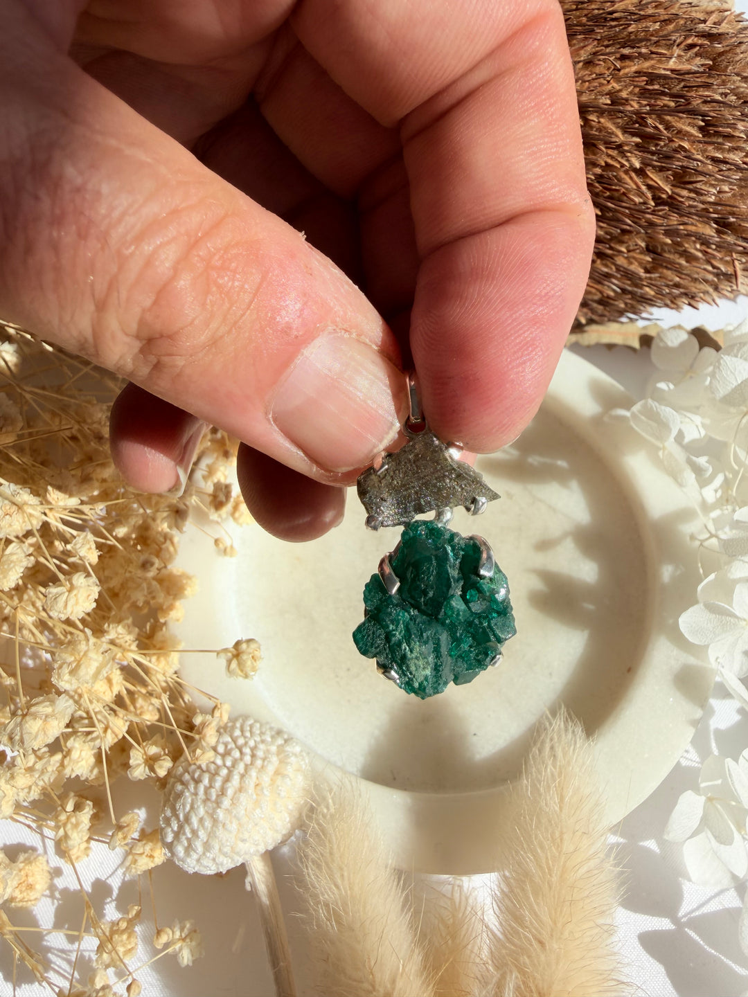 Moldavite & Dioptase Silver Pendant