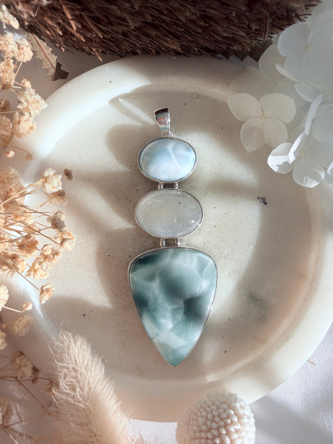 Hemimorphite, Rainbow Moonstone & Aquamarine Silver Pendant