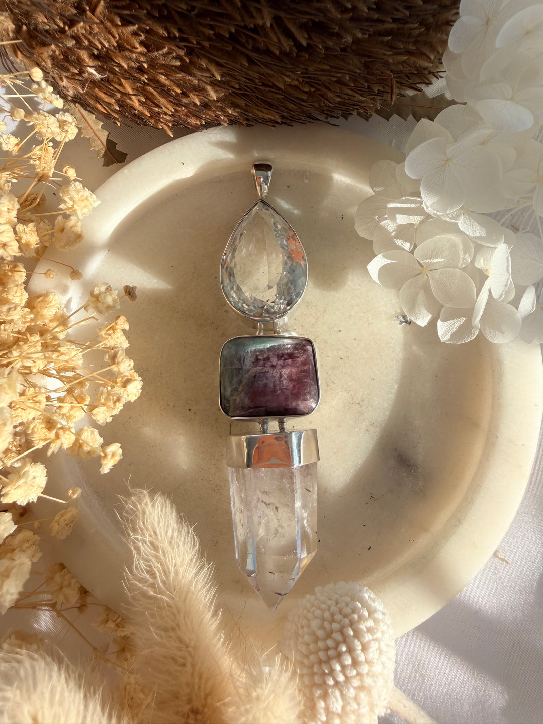 Clear Quartz & Watermelon Tourmaline Silver Pendant