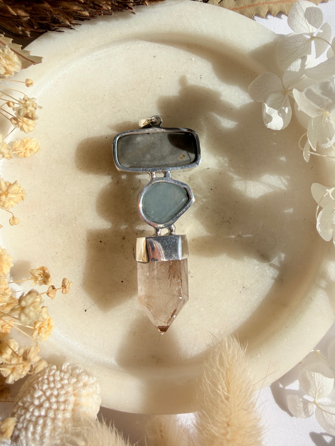 Rutilated Quartz, Aquamarine & Amethyst Silver Pendant
