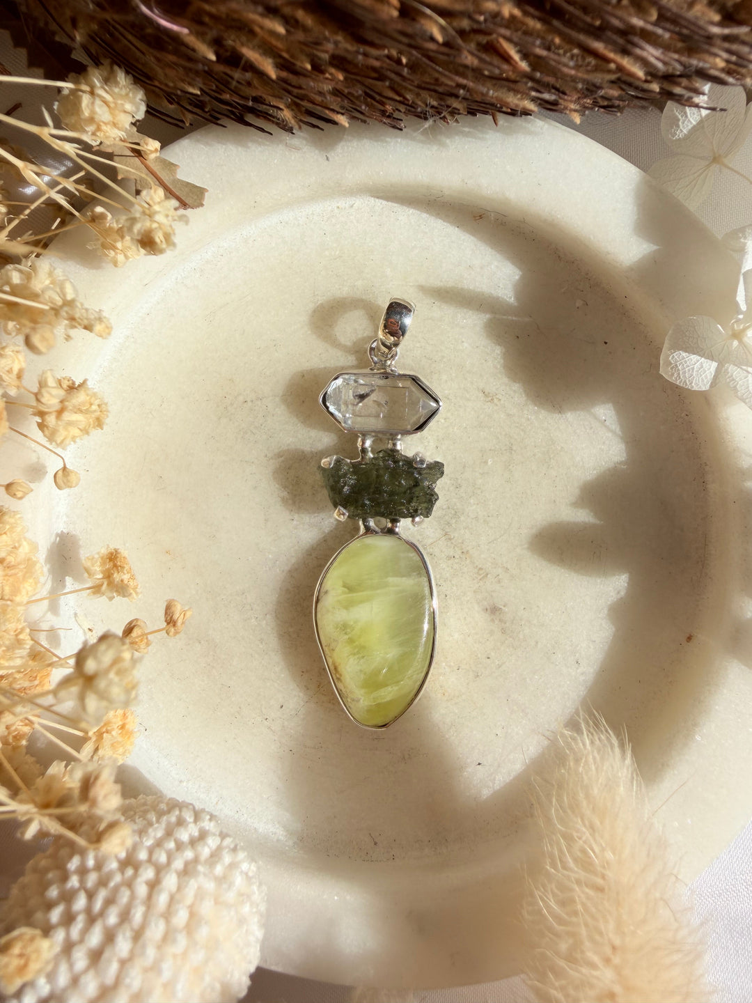 Prehnite, Moldavite & Herkimer Diamond Silver Pendant