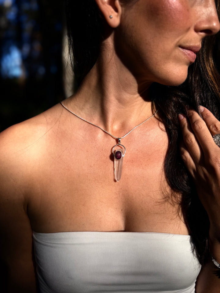 Lemurian Quartz with Ruby Silver Pendant - The Light Keepers Wand