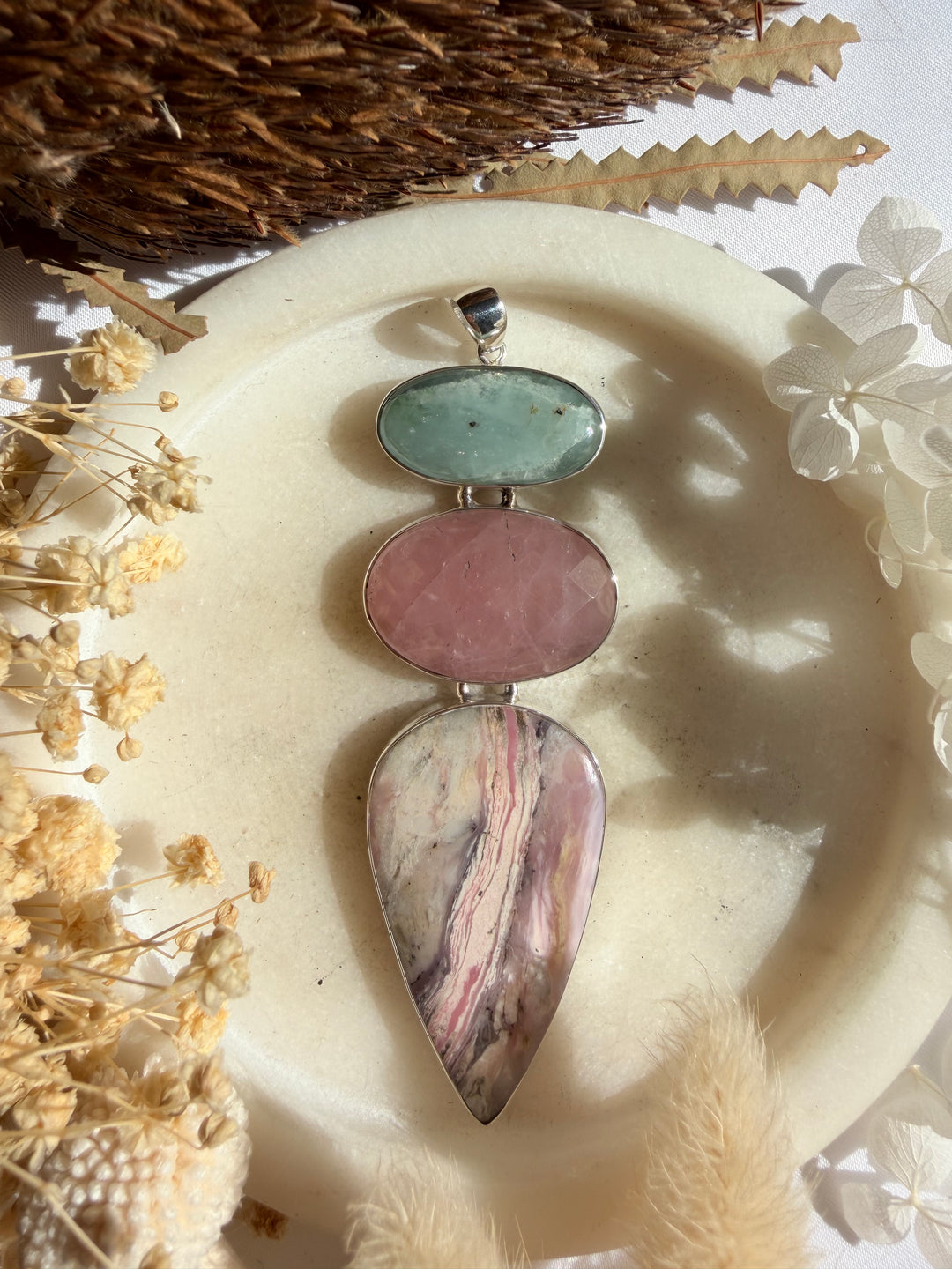 Pink Opal, Rose Quartz & Aquamarine Silver Pendant