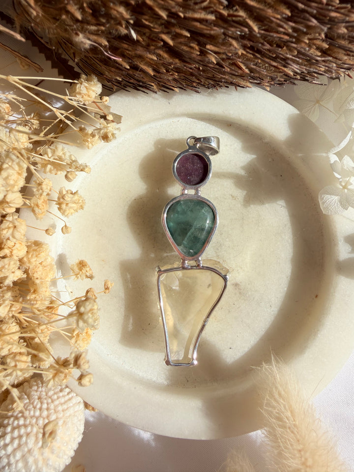 Libyan Desert Glass, Blue Green Fluorite & Ruby Silver Pendant
