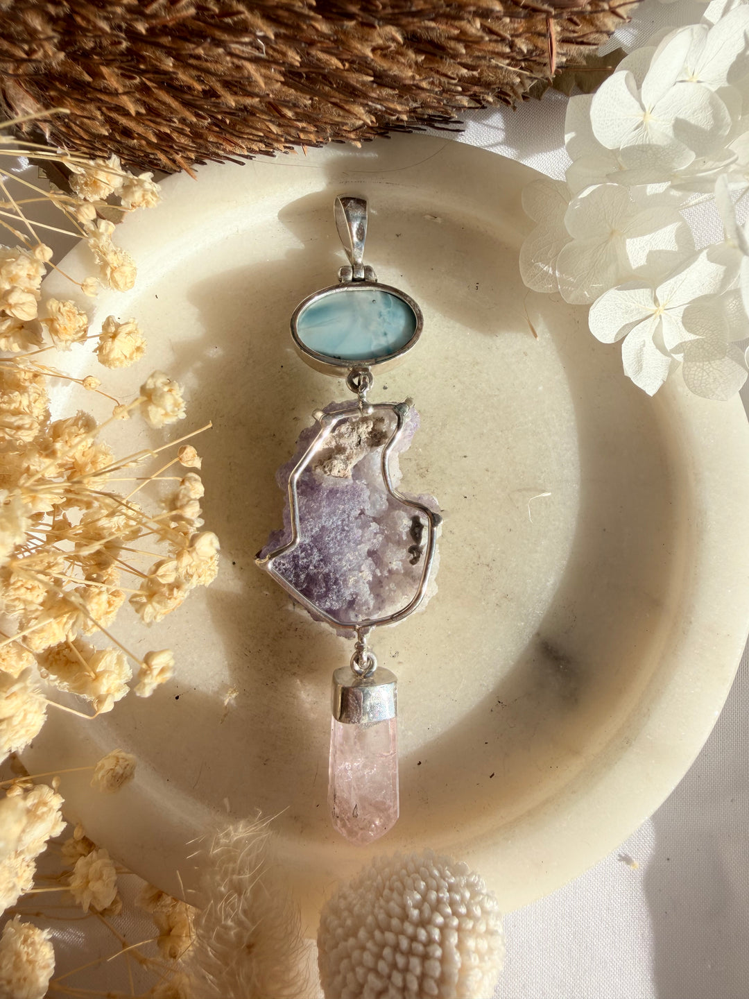 Kunzite, Spirit Flower Geode & Larimar Silver Pendant