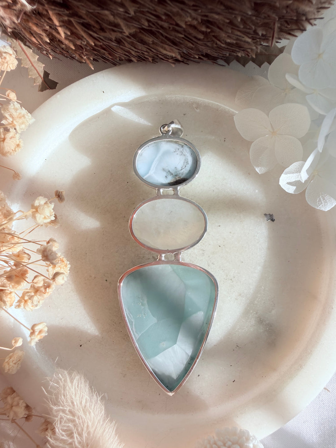 Hemimorphite, Rainbow Moonstone & Aquamarine Silver Pendant