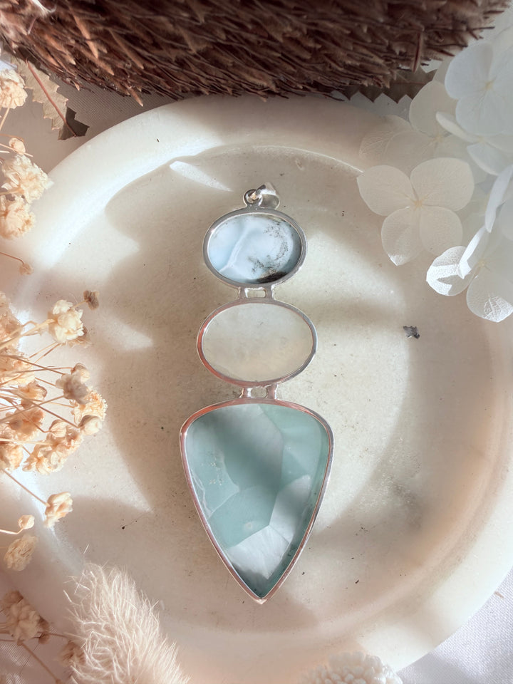Hemimorphite, Rainbow Moonstone & Aquamarine Silver Pendant