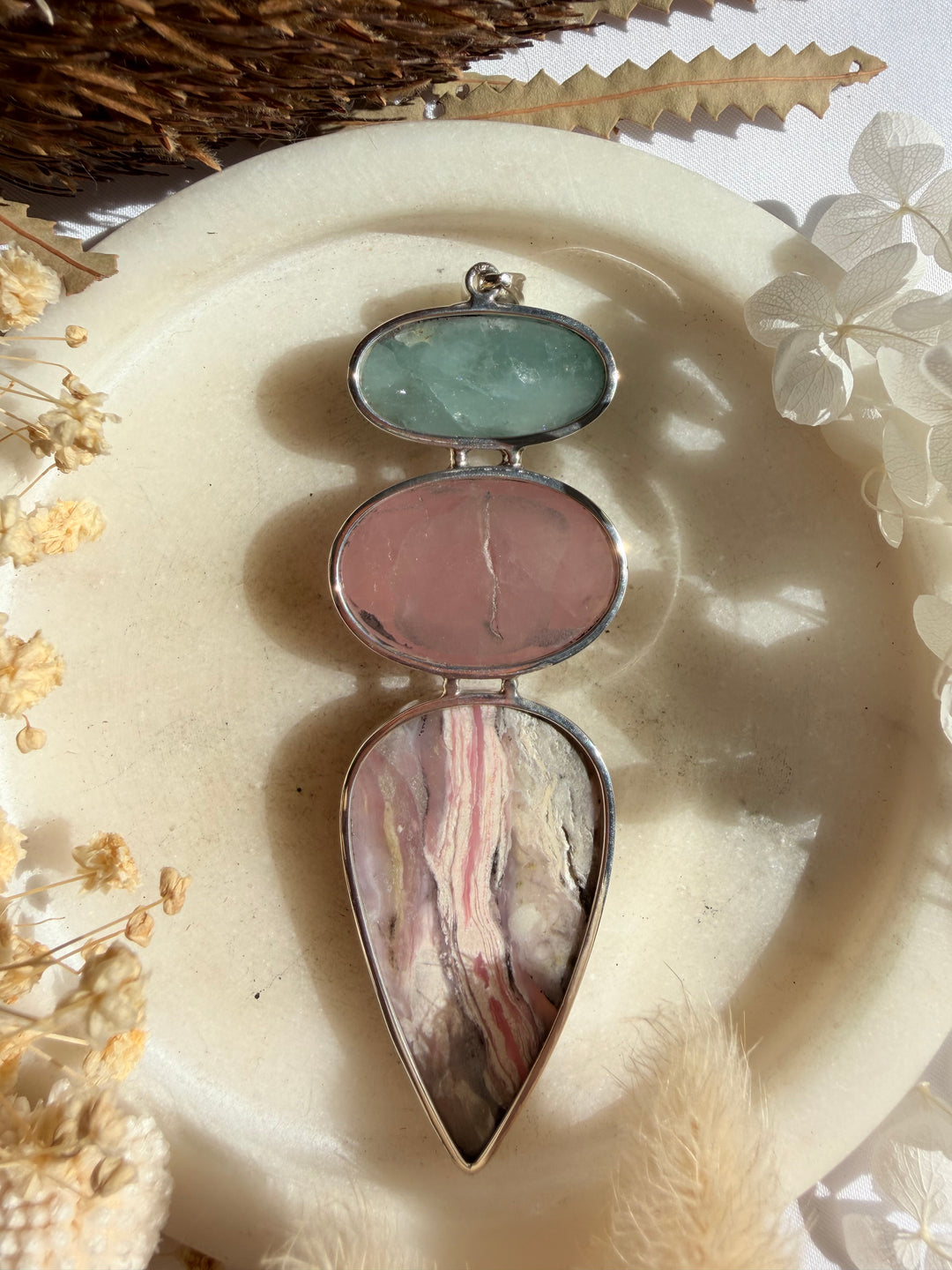 Pink Opal, Rose Quartz & Aquamarine Silver Pendant