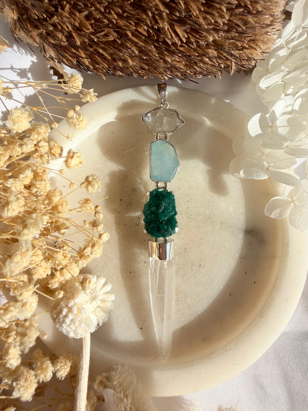 Lemurian, Dioptase, Aquamarine & Herkimer Diamond Silver Pendant
