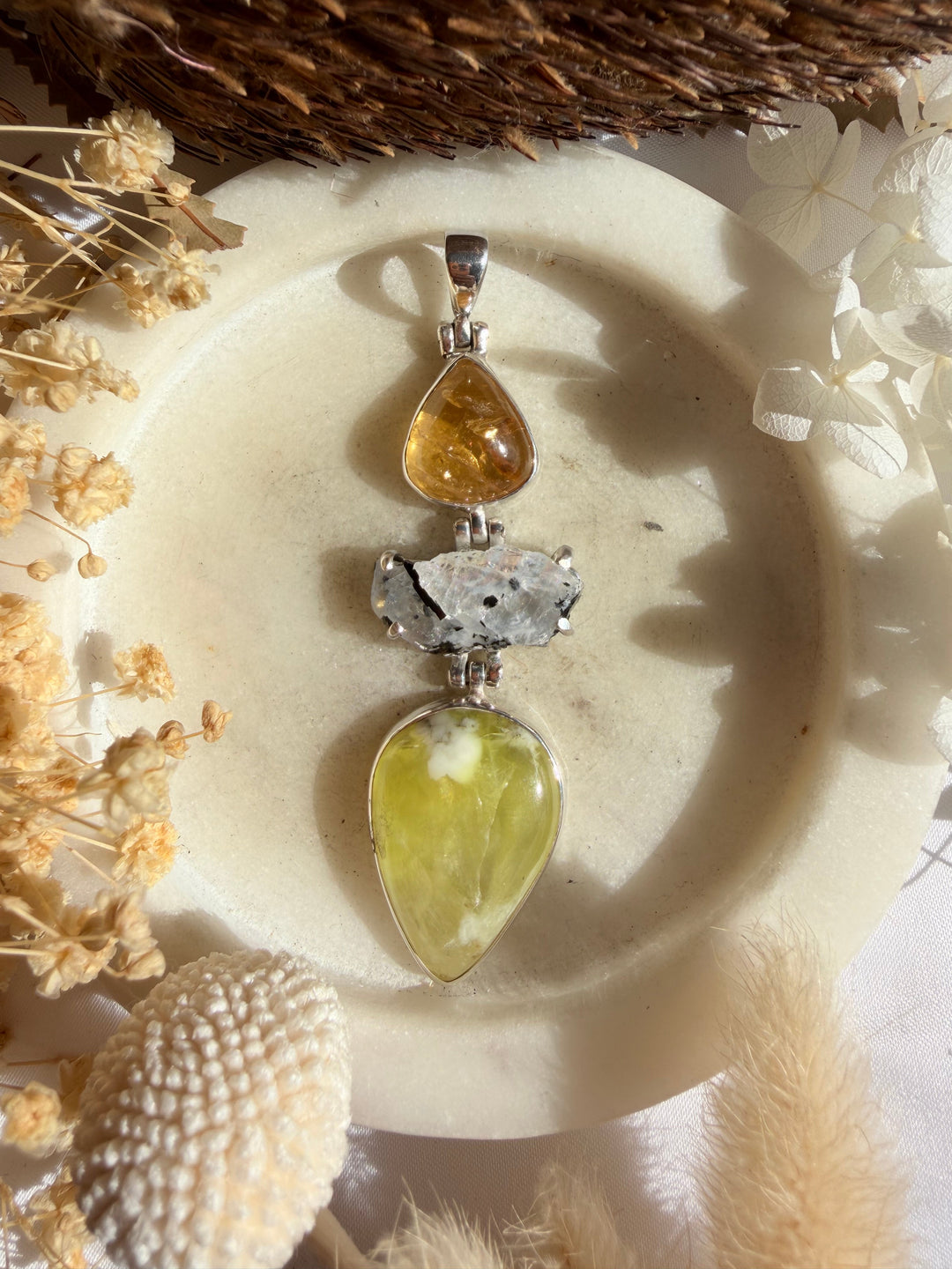 Prehnite, Rainbow Moonstone & Citrine Silver Pendant