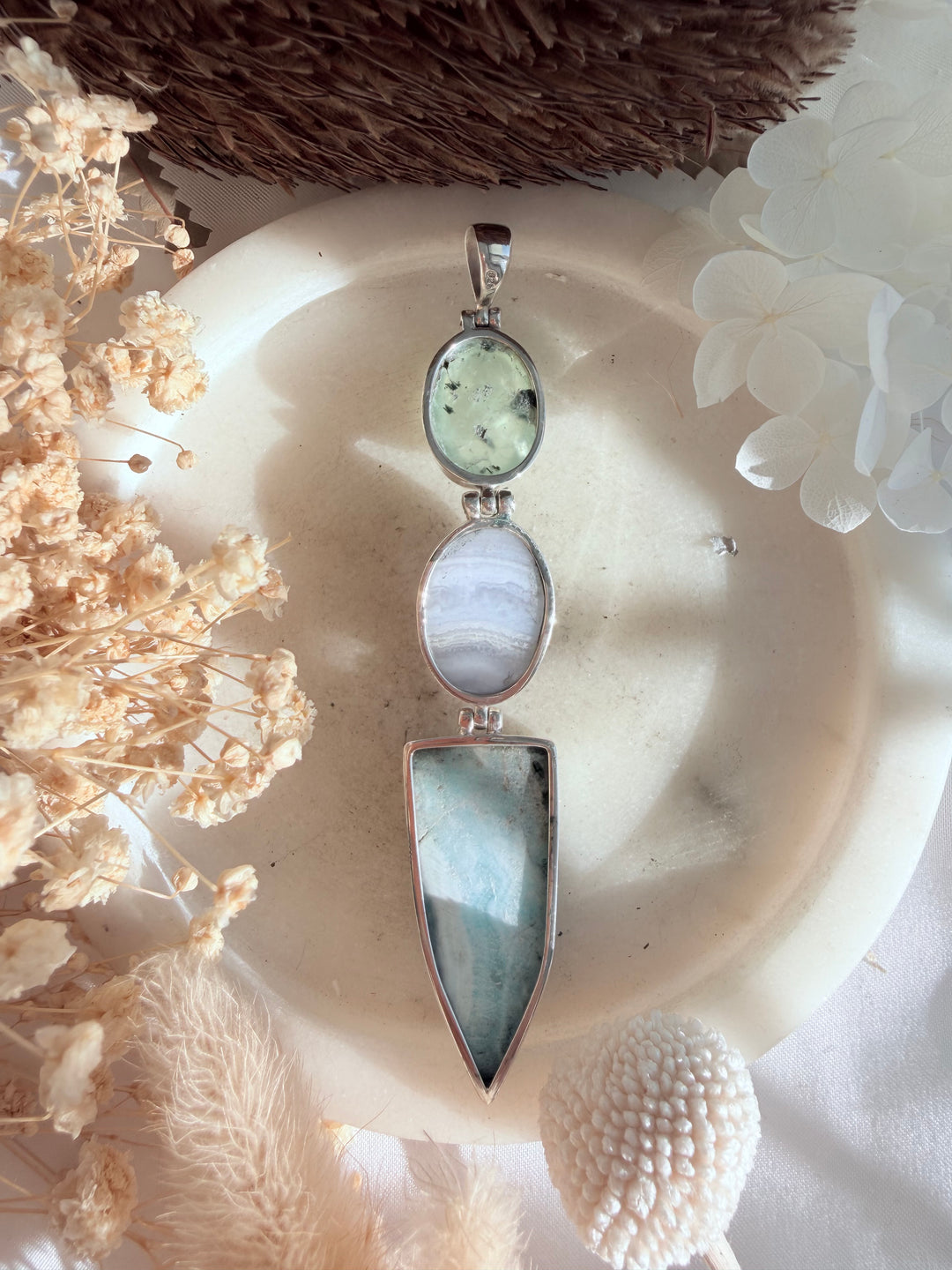 Blue Aragonite, Prehnite & Blue Lace Agate Silver Pendant