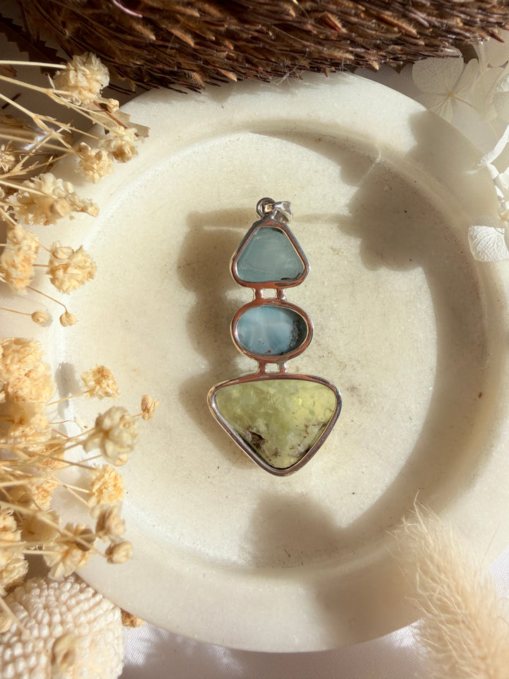 Larimar, Aquamarine & Prehnite Silver Pendant