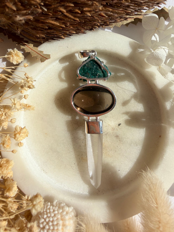 Dioptase, Smoky Quartz & Lemurian Silver Pendant