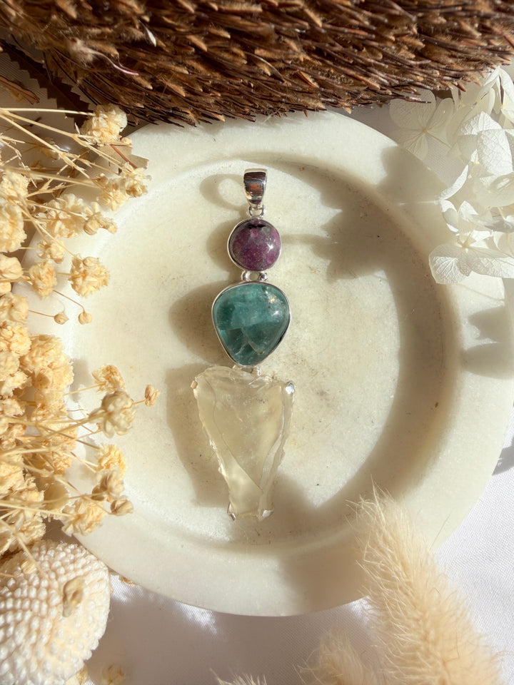 Libyan Desert Glass, Blue Green Fluorite & Ruby Silver Pendant