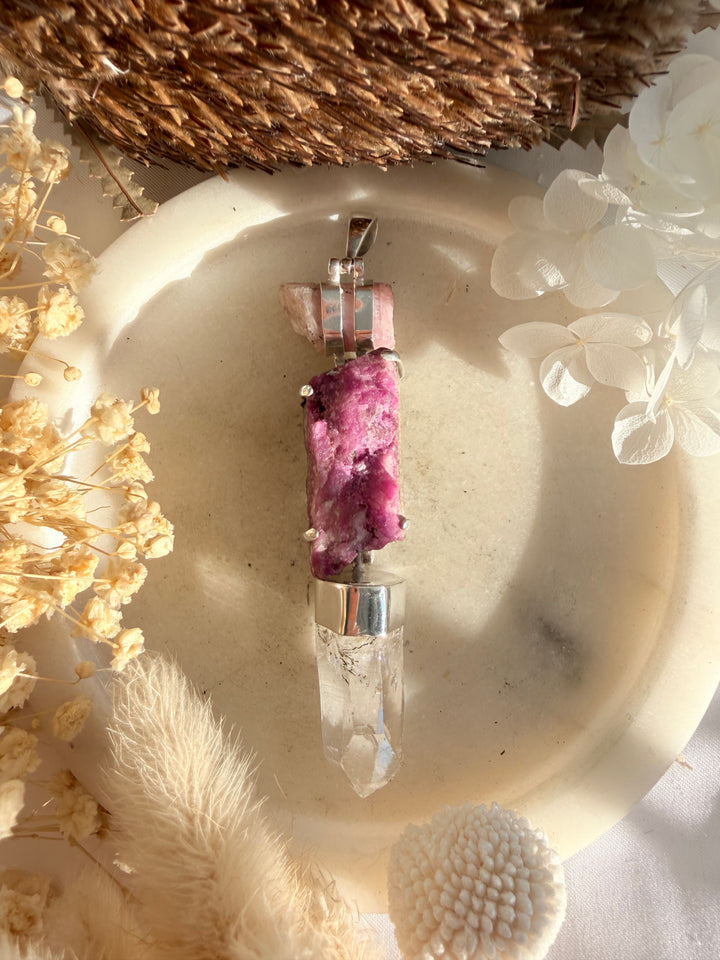 Lemurian, Cobalto Calcite & Pink Tourmaline Silver Pendant