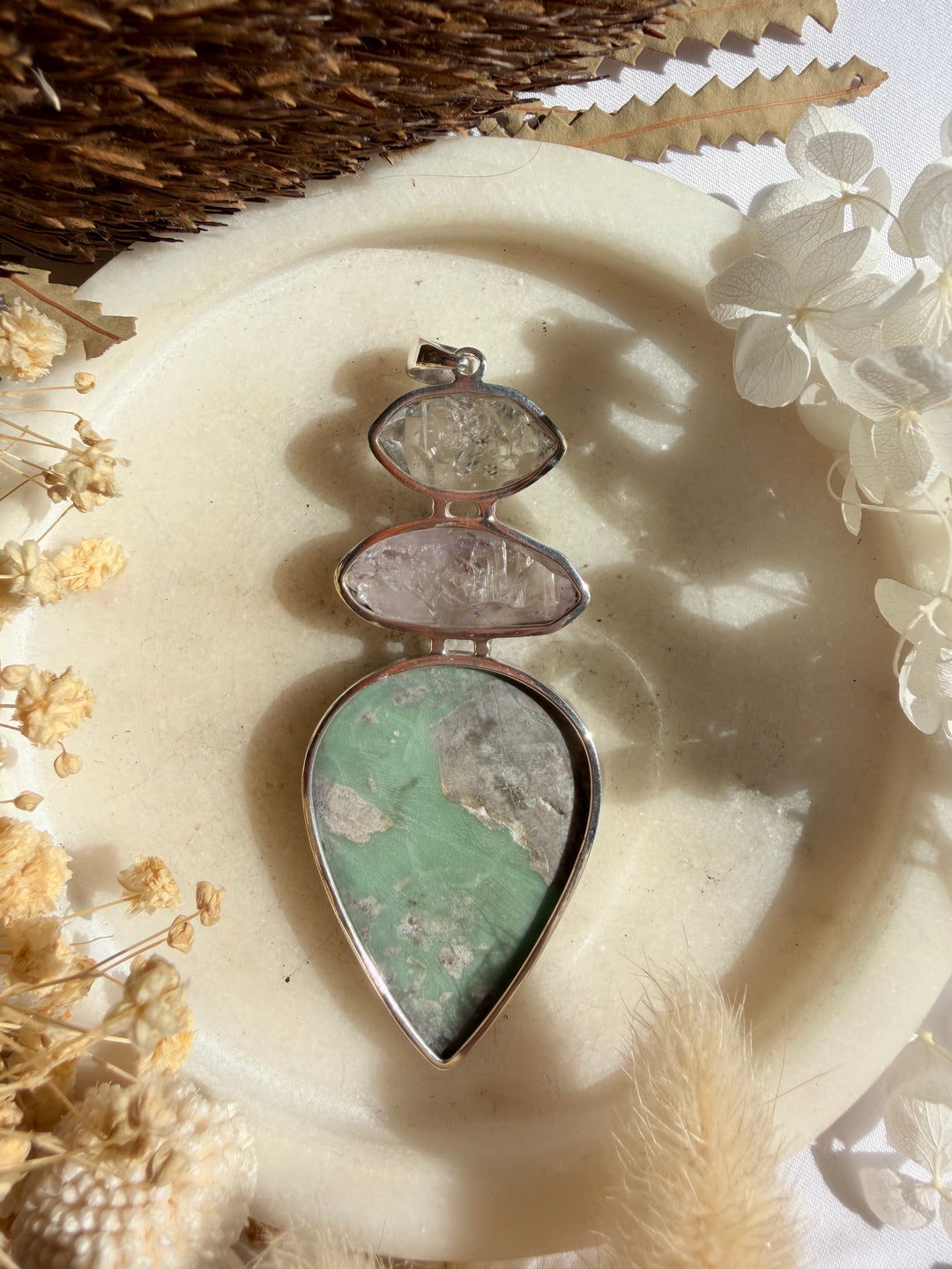 Variscite, Vera Cruz Amethyst & Herkimer Diamond Silver Pendant
