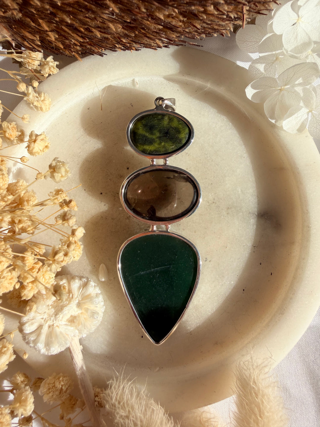 Jade, Smoky Quartz & Atlantisite Silver Pendant