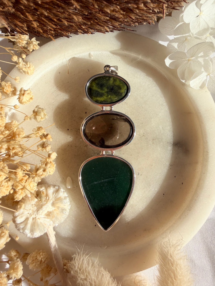 Jade, Smoky Quartz & Atlantisite Silver Pendant
