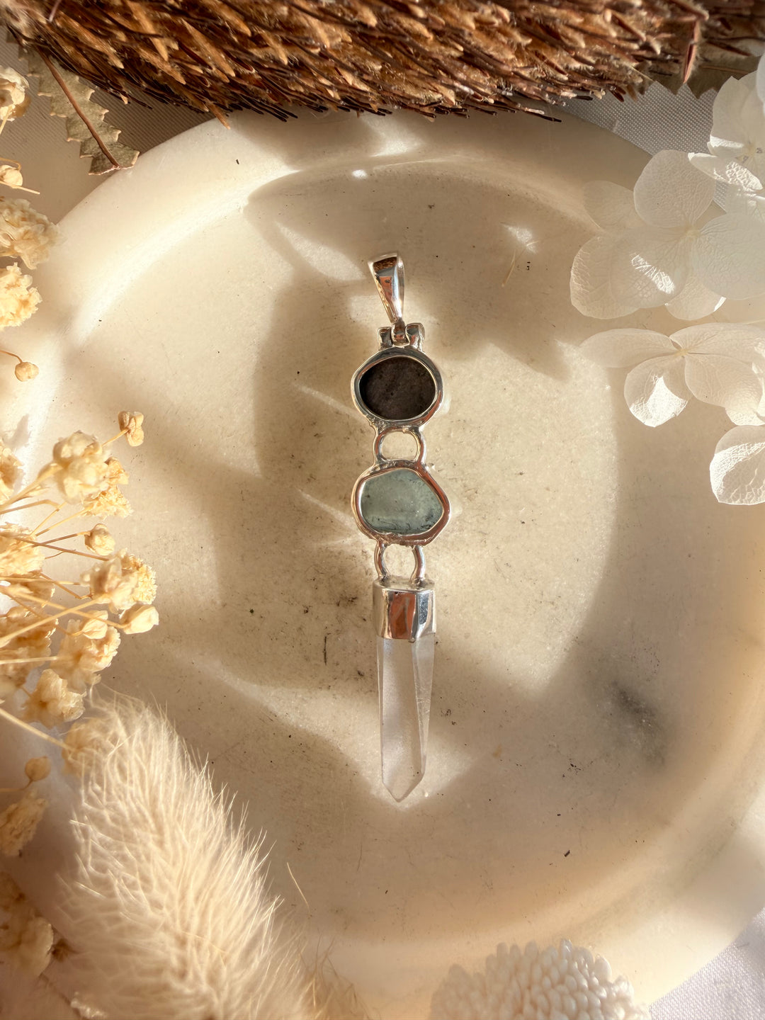 Lemurian, Cobalto Calcite & Aquamarine Silver Pendant