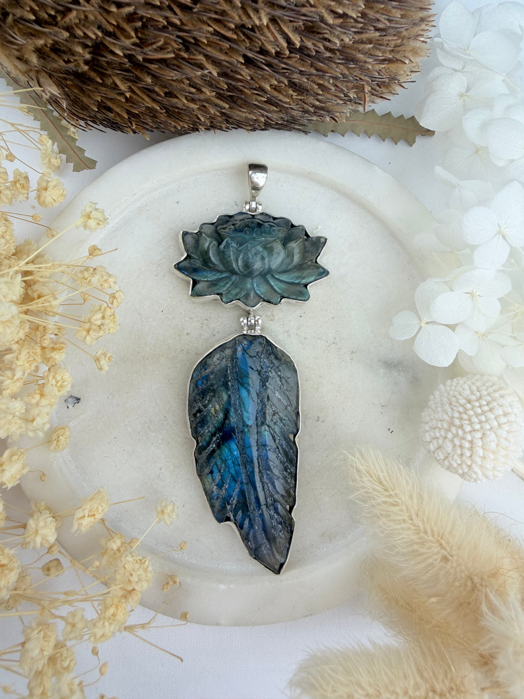 Labradorite Lotus Feather Silver Pendant