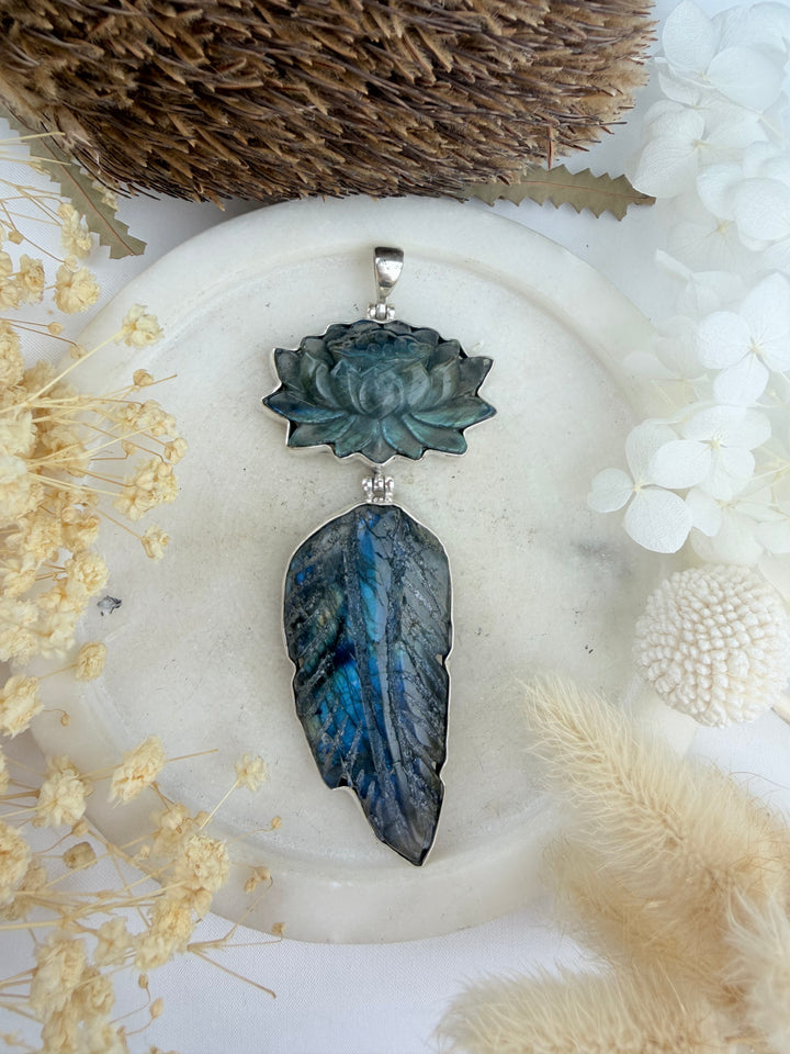Labradorite Lotus Feather Silver Pendant