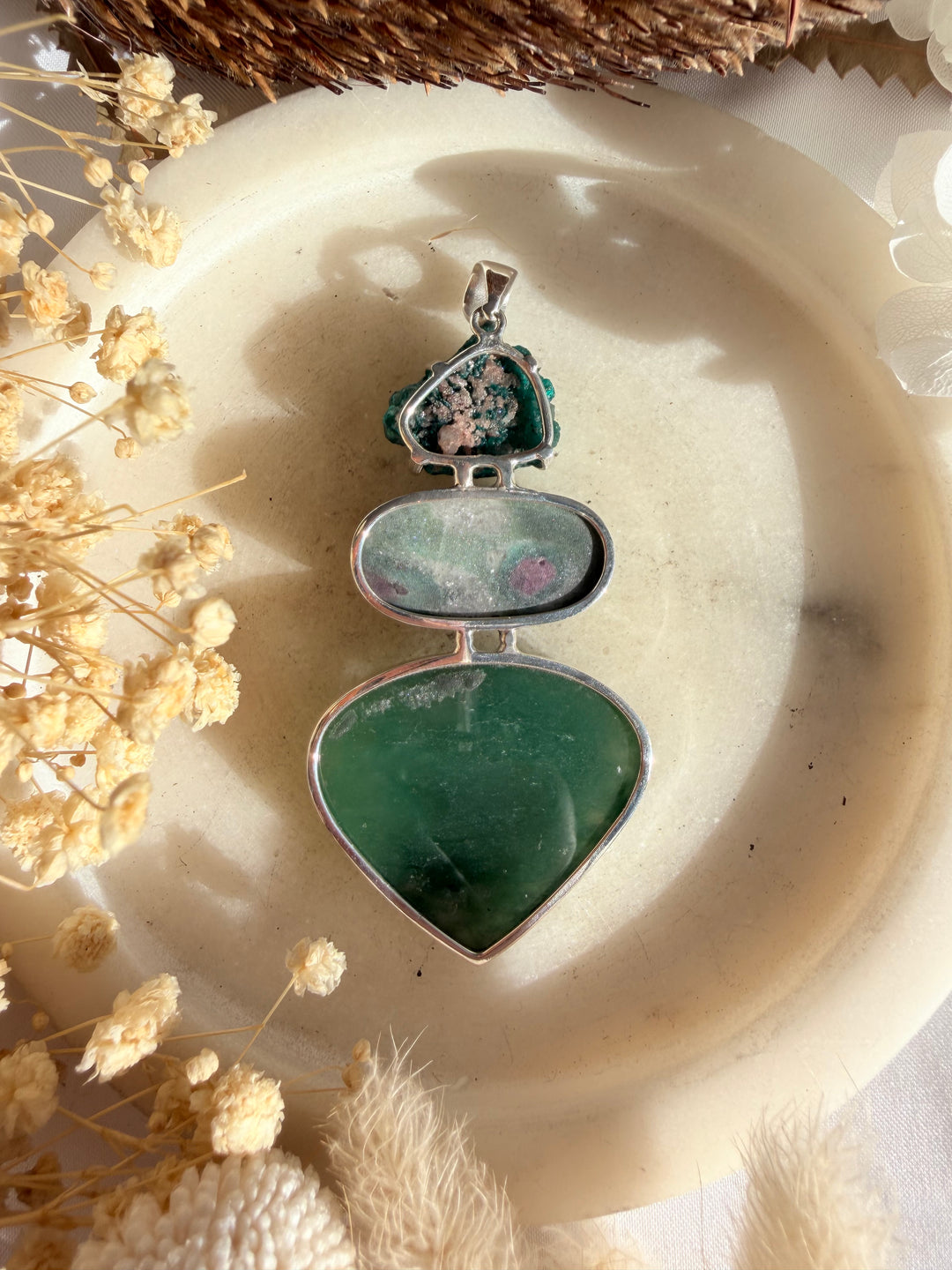 Jade, Ruby Fuchsite & Dioptase Silver Pendant
