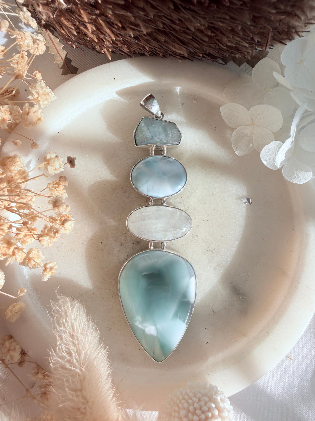 Hemimorphite, Rainbow Moonstone, Larimar & Aquamarine Silver Pendant