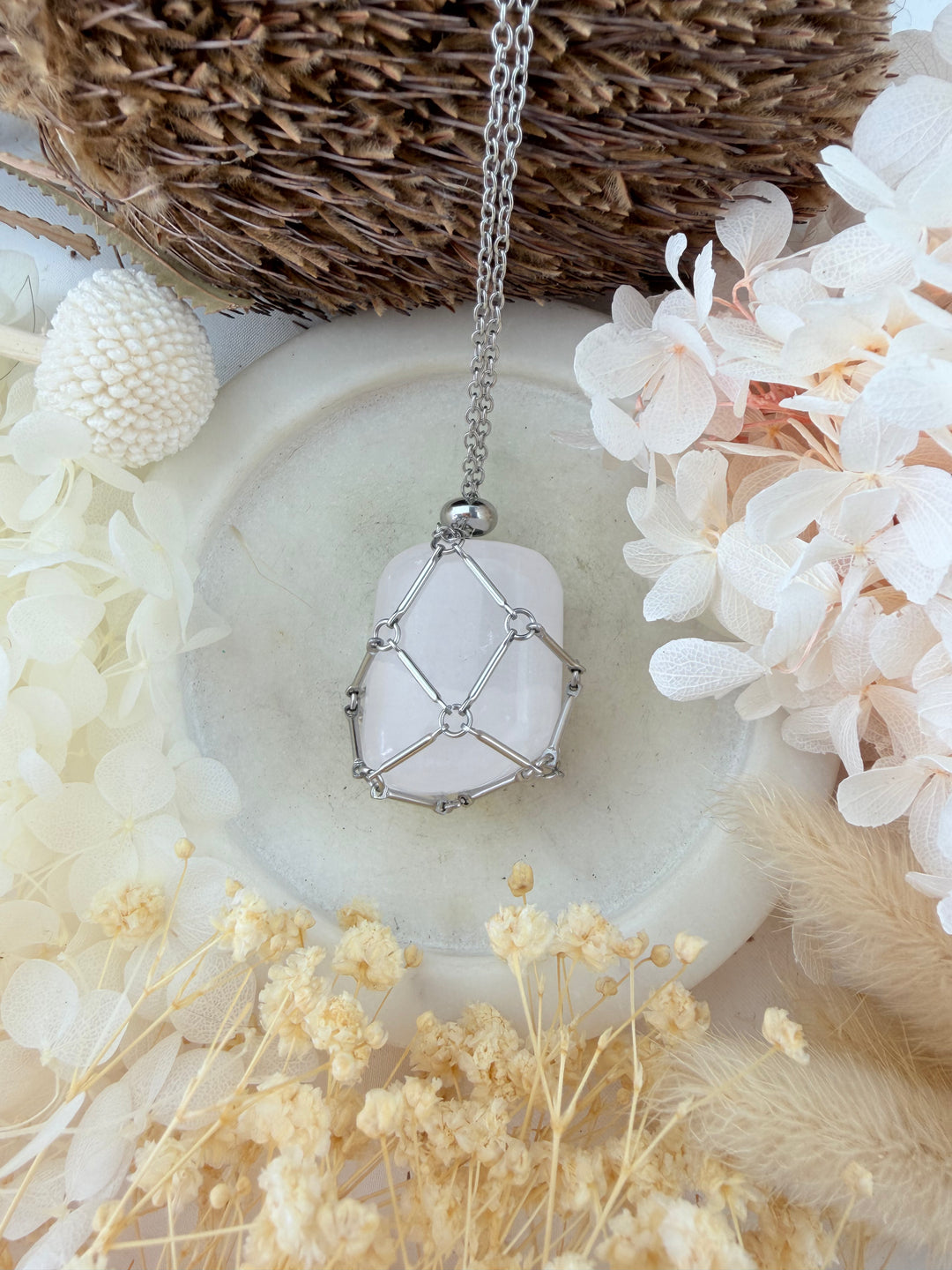 Stainless Steel Macrame Crystal Cage Pendant - Large