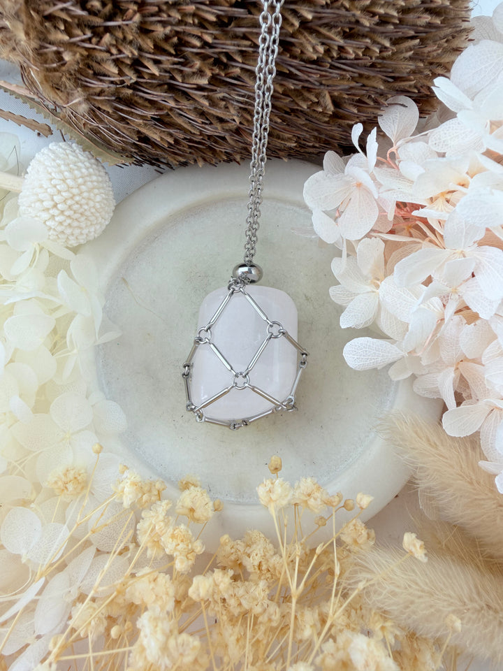 Stainless Steel Macrame Crystal Cage Pendant - Large