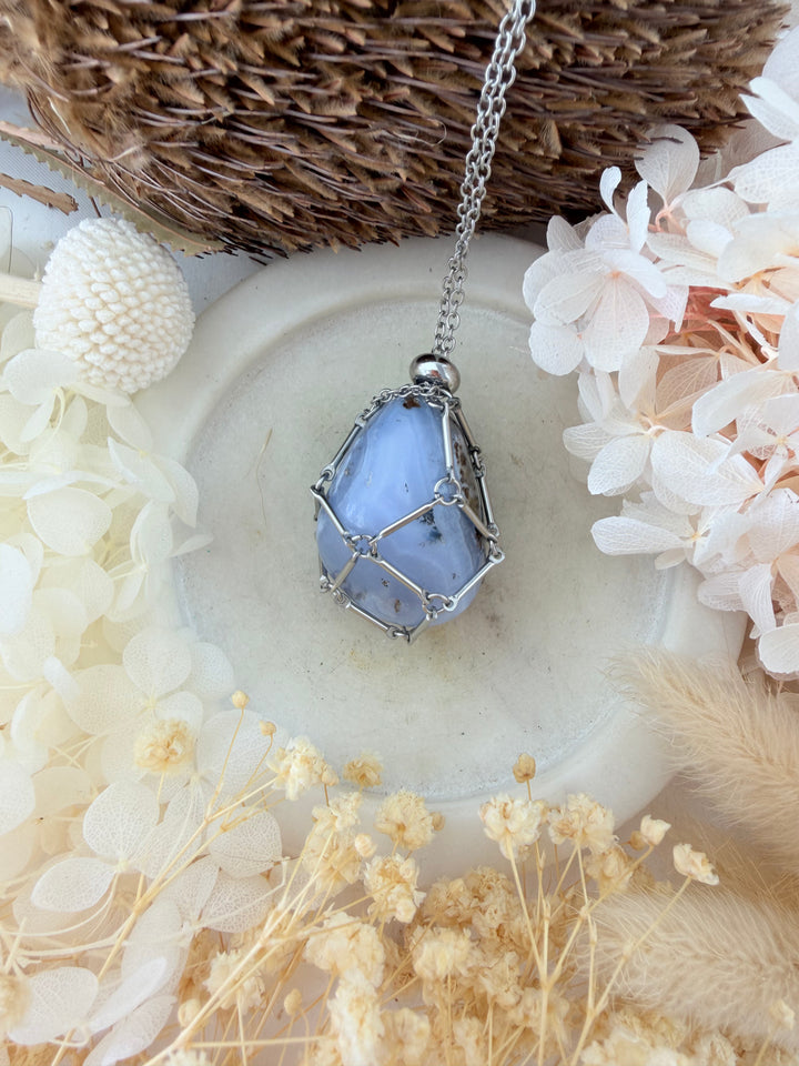 Stainless Steel Macrame Crystal Cage Pendant - Large