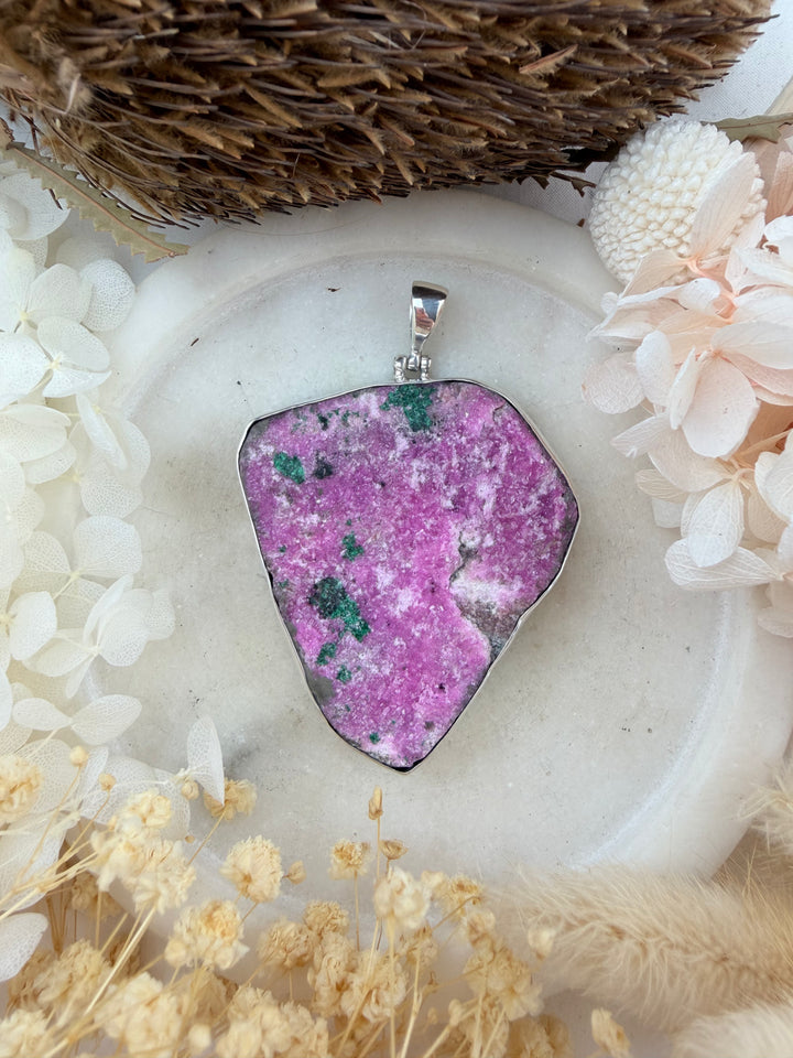 Cobalto Calcite with Malachite Cluster Silver Pendant