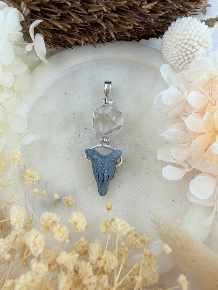 Blue Coral Wolf Shield & Clear Quartz Silver Pendant