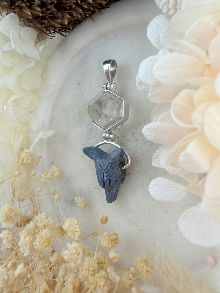 Blue Coral Wolf Shield & Clear Quartz Silver Pendant