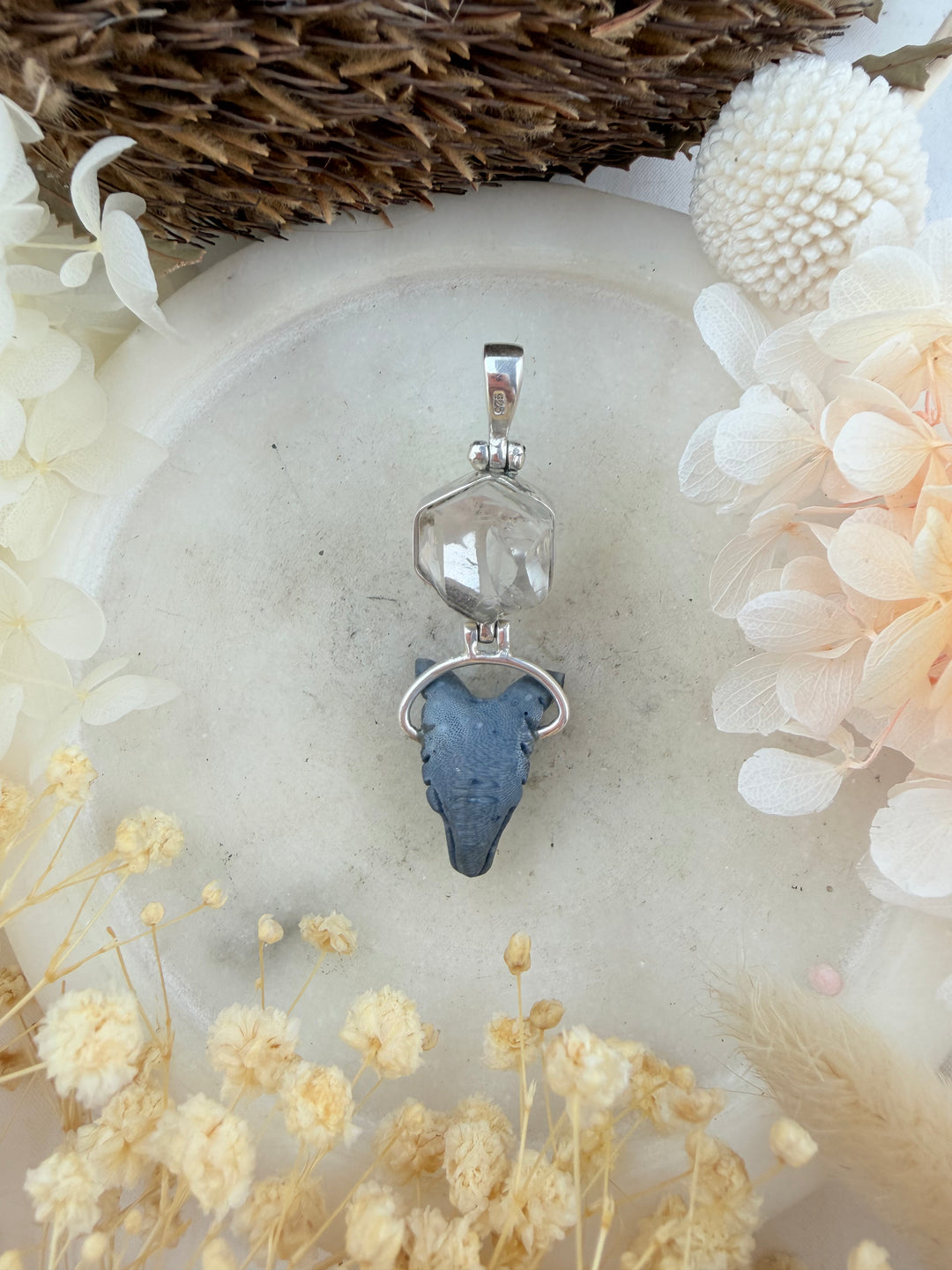 Blue Coral Wolf Shield & Clear Quartz Silver Pendant