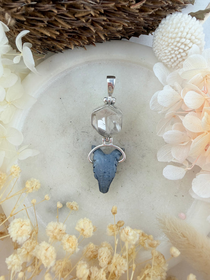 Blue Coral Wolf Shield & Clear Quartz Silver Pendant