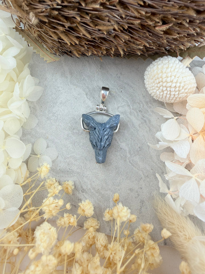 Blue Coral Wolf Shield Silver Pendant