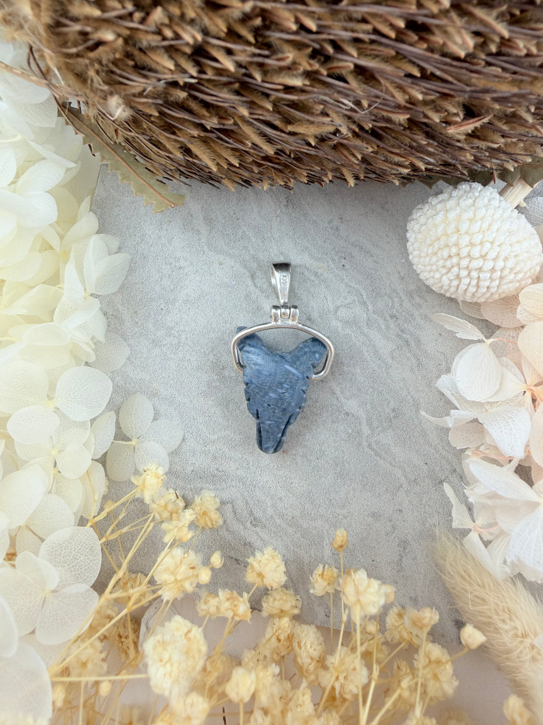 Blue Coral Wolf Shield Silver Pendant