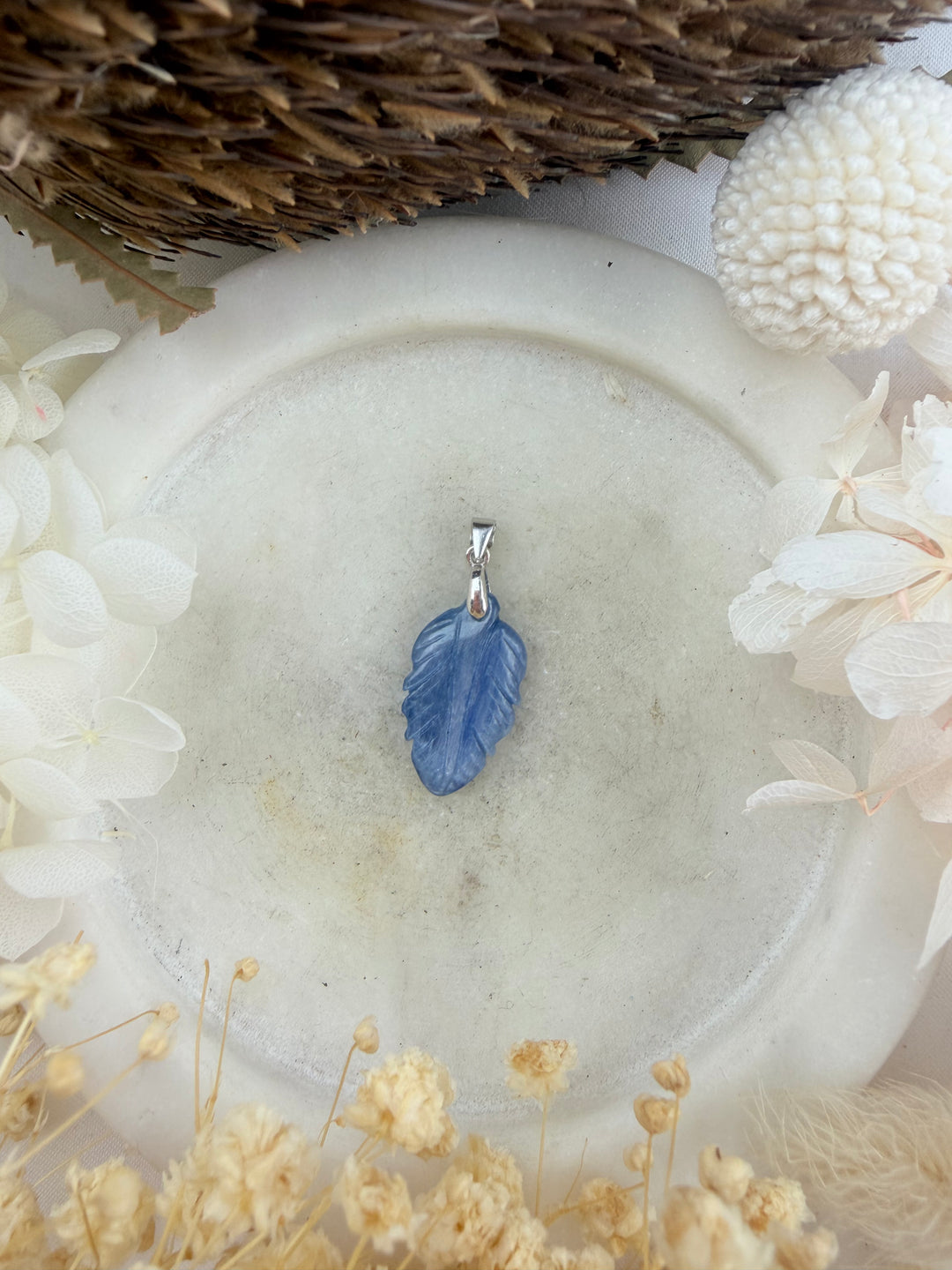 Blue Kyanite Feather Silver Pendant