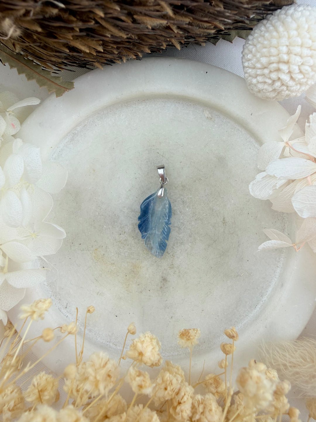 Blue Kyanite Feather Silver Pendant