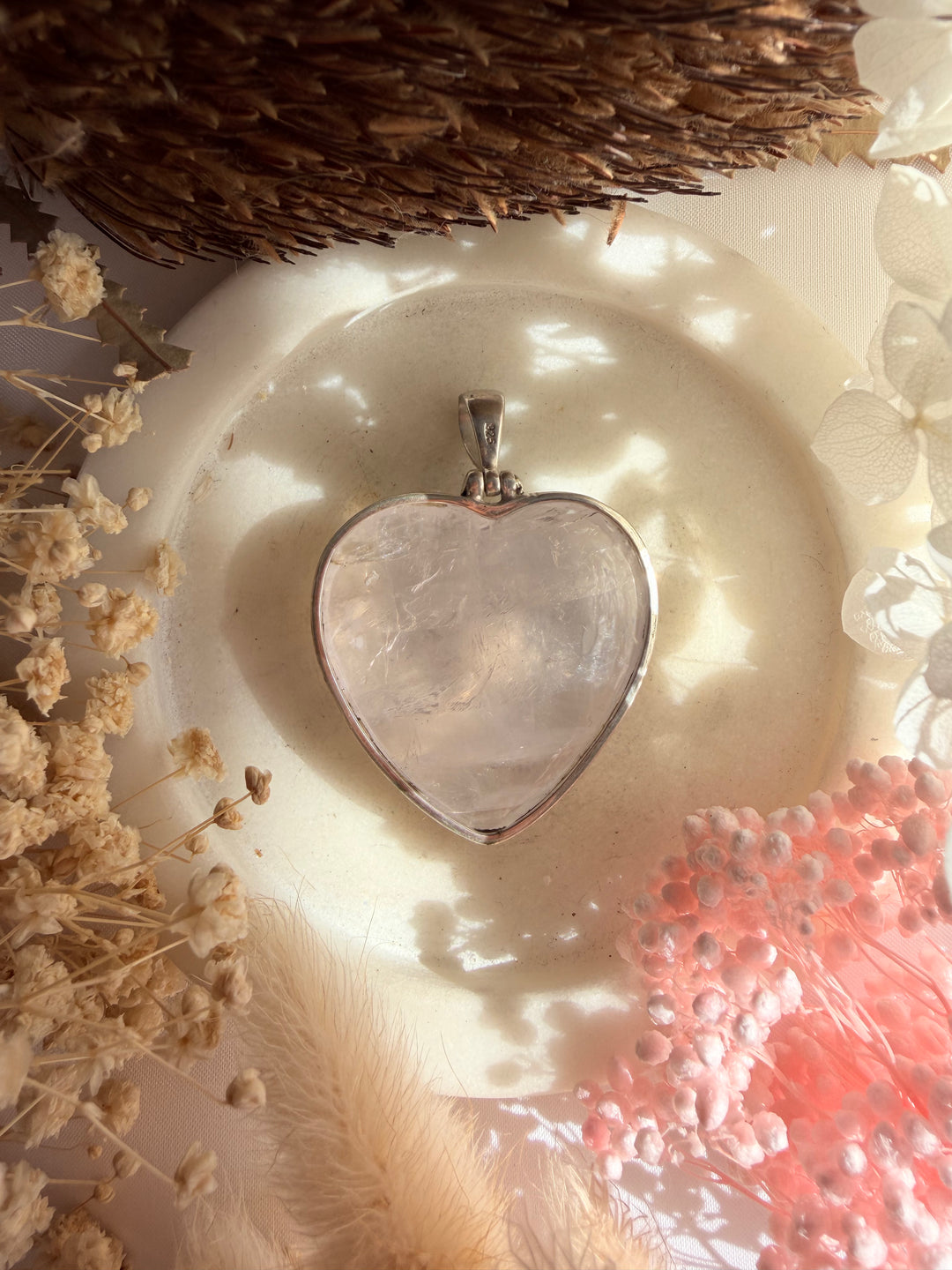 Rose Quartz Heart Silver Pendant